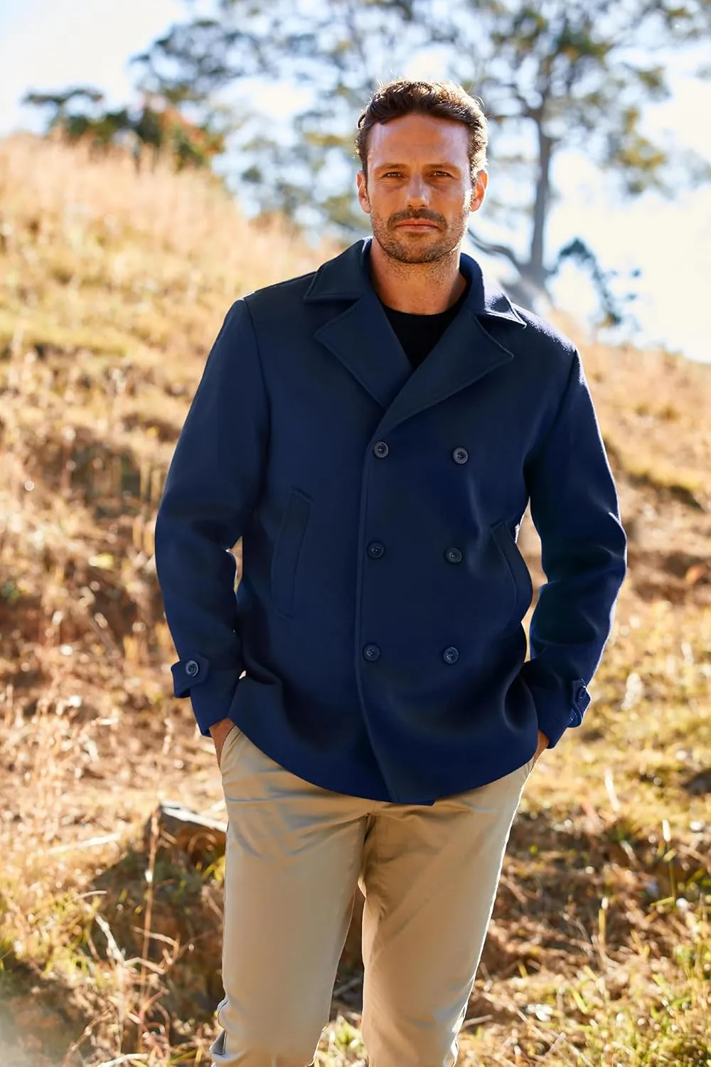 PASLTER Mens Classic Business Pea Coat Winter Warm Double Breasted Heavyweight Trench Coats