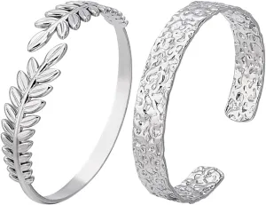 PH PandaHall 2 Styles Laurel Leaf Bracelet Textured Carved Bracelet 304 Stainless Steel Open Cuff Bangle 2~2-1/8 inch Boho Bangle Ajustable Dainty Bangles for Women Mother's Day Christmas Gift