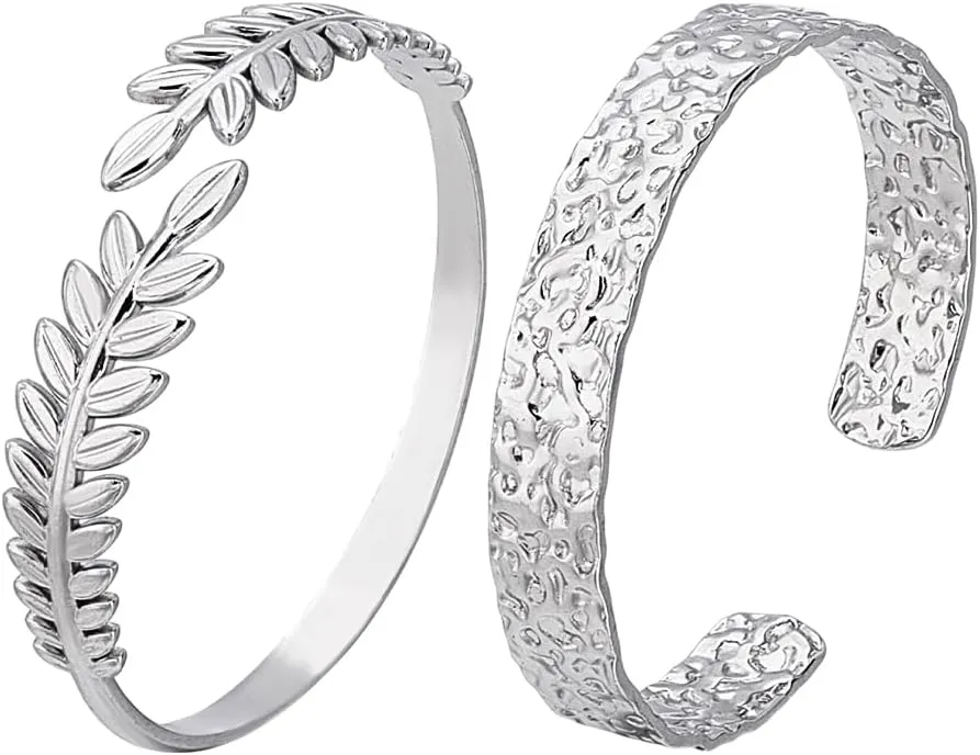 PH PandaHall 2 Styles Laurel Leaf Bracelet Textured Carved Bracelet 304 Stainless Steel Open Cuff Bangle 2~2-1/8 inch Boho Bangle Ajustable Dainty Bangles for Women Mother's Day Christmas Gift
