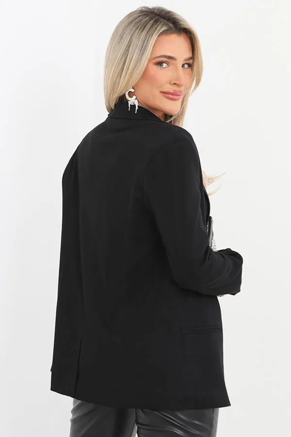 PLAIN BLACK LONG SLEEVE BUTTONED JERSEY BLAZER