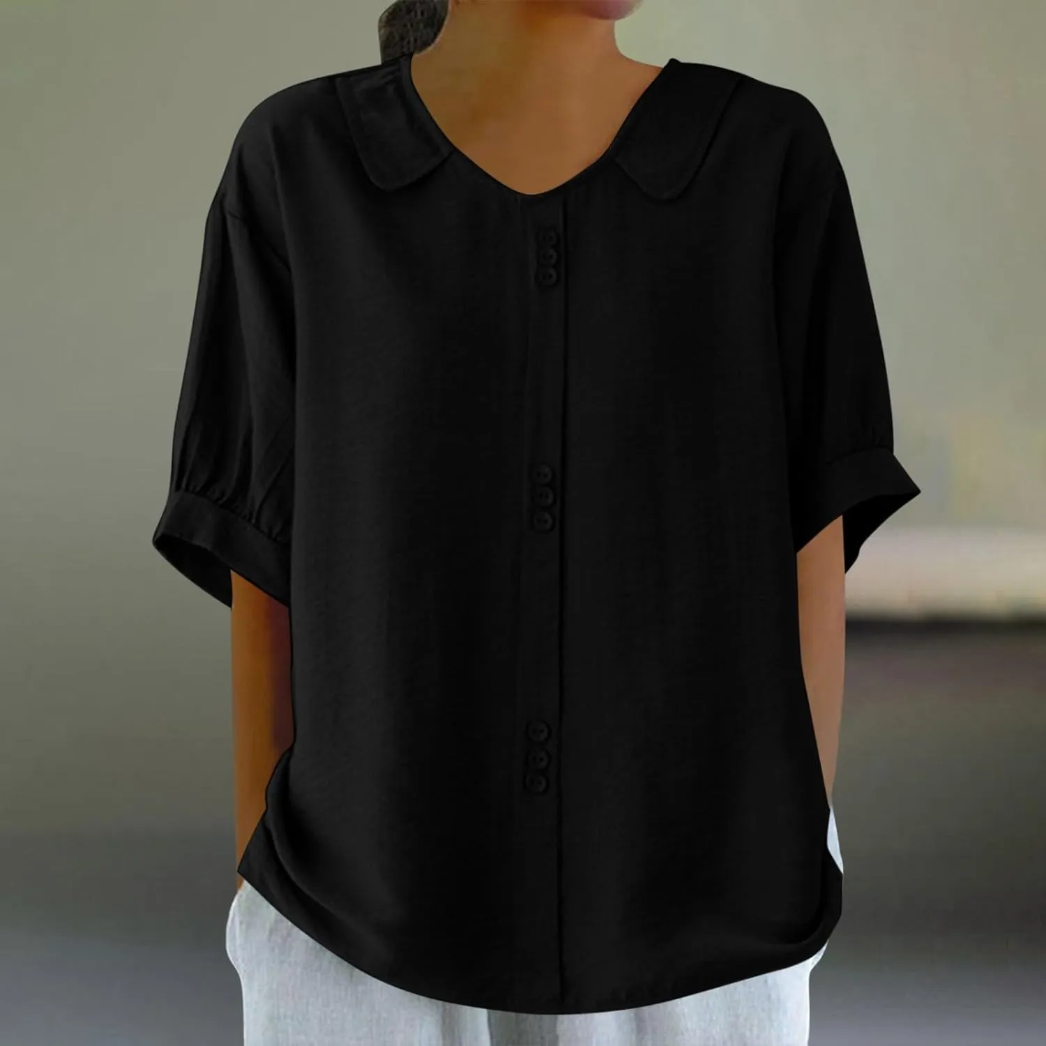 Plus Size Linen Tops Dressy Casual Peterr Pan Collar Blouses Down Up Shirt Casual Collared V Neck Womens Short Sleeve