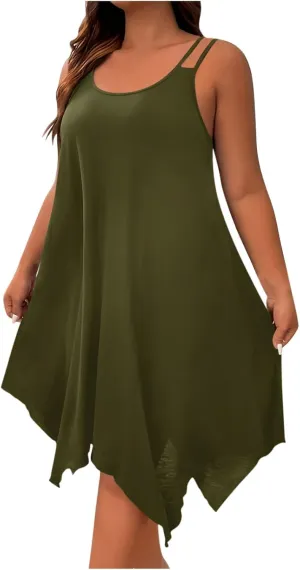 Plus Size Summer Cami Dresses Women Double Strap Flowy A Line Irregular Beach Midi Sundress Loose Casual Tunic Dress