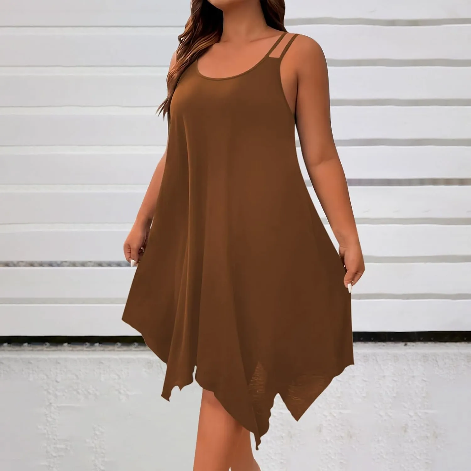 Plus Size Summer Cami Dresses Women Double Strap Flowy A Line Irregular Beach Midi Sundress Loose Casual Tunic Dress