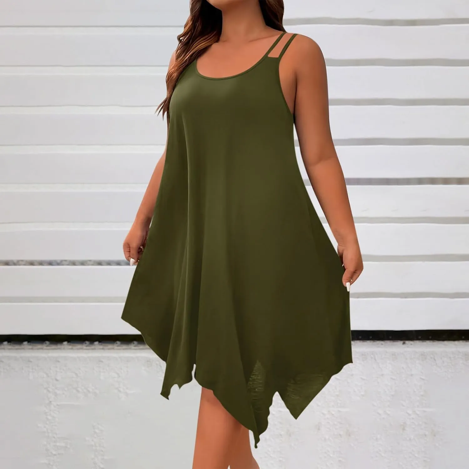 Plus Size Summer Cami Dresses Women Double Strap Flowy A Line Irregular Beach Midi Sundress Loose Casual Tunic Dress