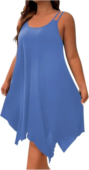 Plus Size Summer Cami Dresses Women Double Strap Flowy A Line Irregular Beach Midi Sundress Loose Casual Tunic Dress
