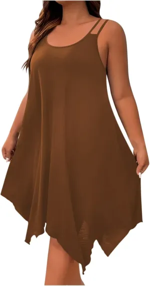 Plus Size Summer Cami Dresses Women Double Strap Flowy A Line Irregular Beach Midi Sundress Loose Casual Tunic Dress