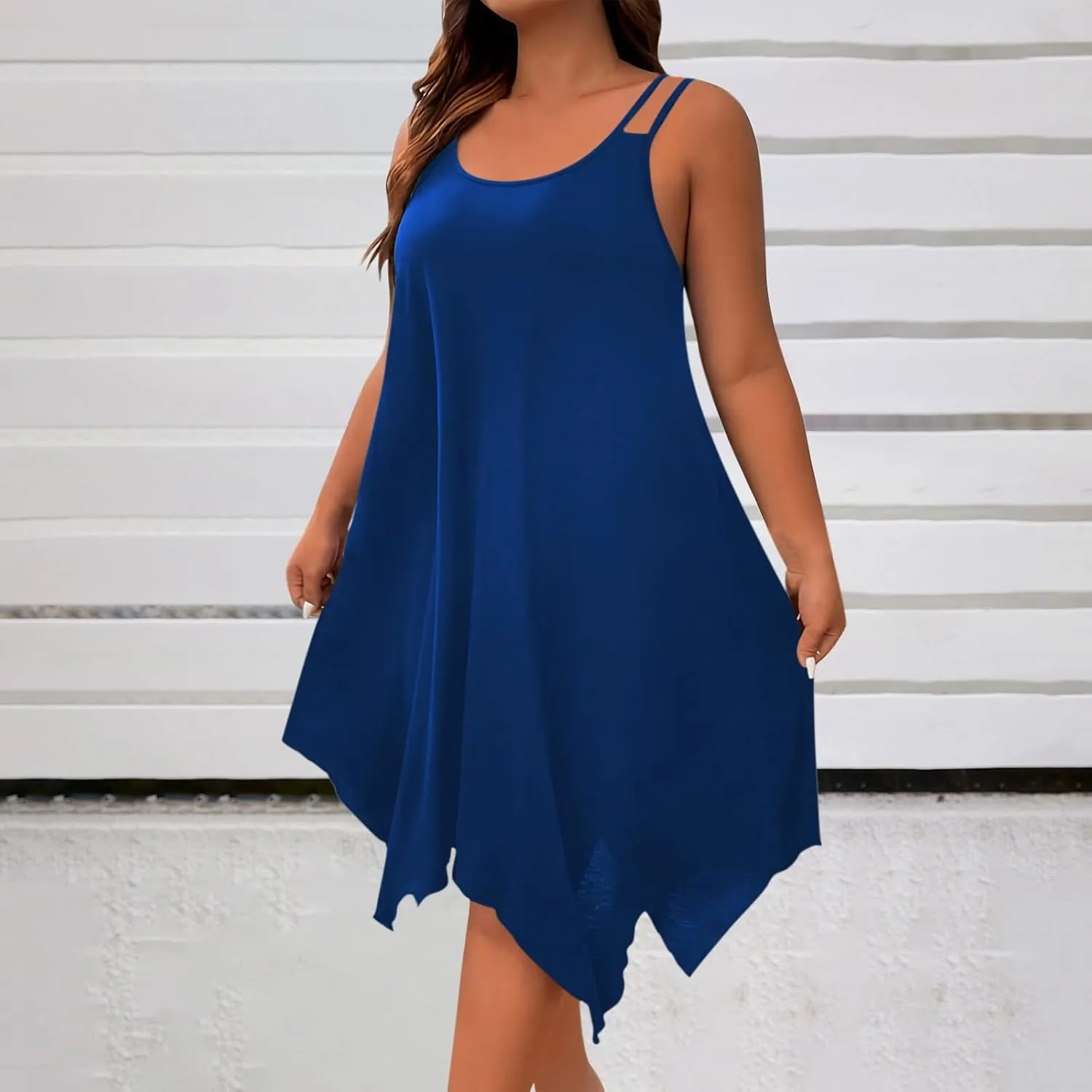Plus Size Summer Cami Dresses Women Double Strap Flowy A Line Irregular Beach Midi Sundress Loose Casual Tunic Dress