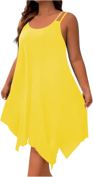Plus Size Summer Cami Dresses Women Double Strap Flowy A Line Irregular Beach Midi Sundress Loose Casual Tunic Dress