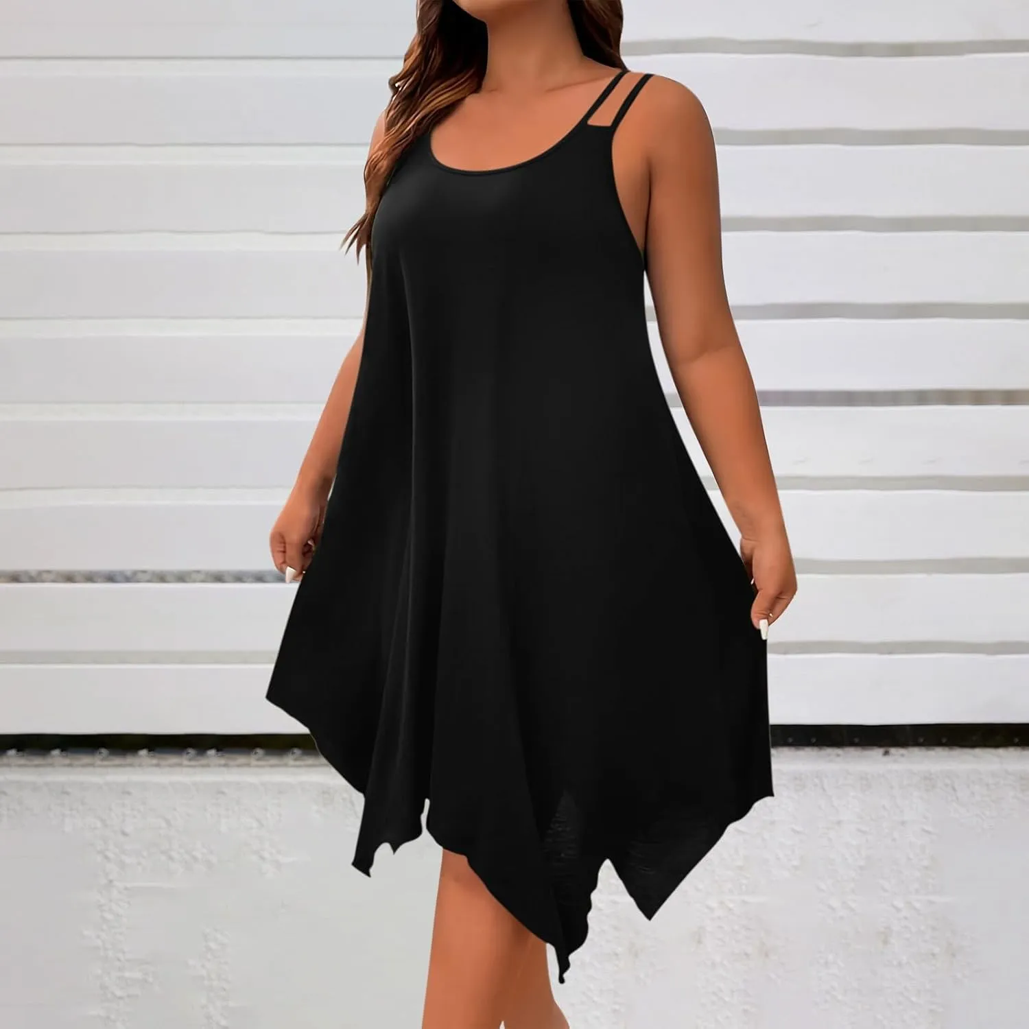 Plus Size Summer Cami Dresses Women Double Strap Flowy A Line Irregular Beach Midi Sundress Loose Casual Tunic Dress