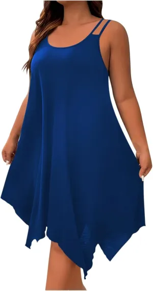 Plus Size Summer Cami Dresses Women Double Strap Flowy A Line Irregular Beach Midi Sundress Loose Casual Tunic Dress