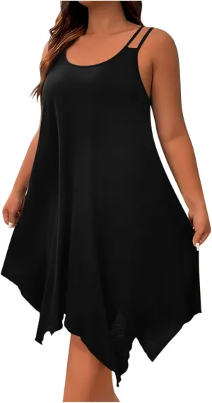 Plus Size Summer Cami Dresses Women Double Strap Flowy A Line Irregular Beach Midi Sundress Loose Casual Tunic Dress