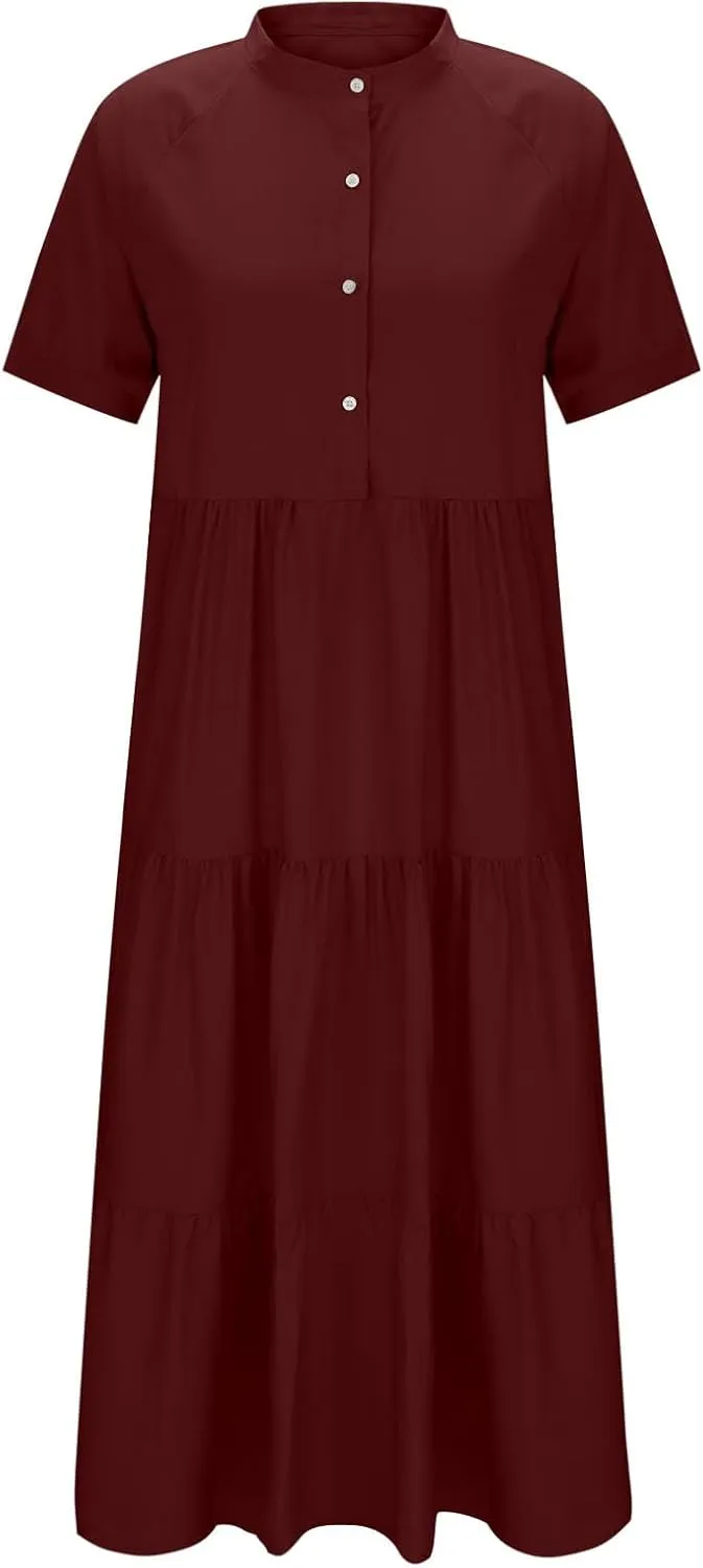 Plus Size Summer Dresses for Women Tiered Flowy Maxi Dress Casual Button Up Short Sleeve Beach Boho Shirts Sundress