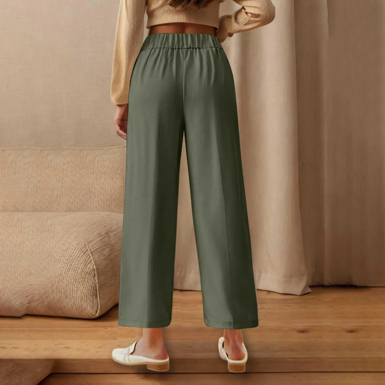 Plus Size Womens Palazzo Pants Wide Leg High Waist Elastic Button Pleated Business Work Lounge Trousers with Pockets