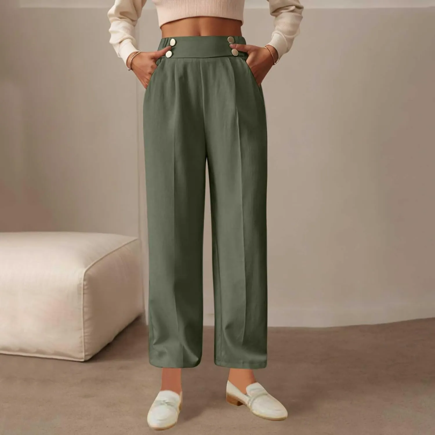 Plus Size Womens Palazzo Pants Wide Leg High Waist Elastic Button Pleated Business Work Lounge Trousers with Pockets