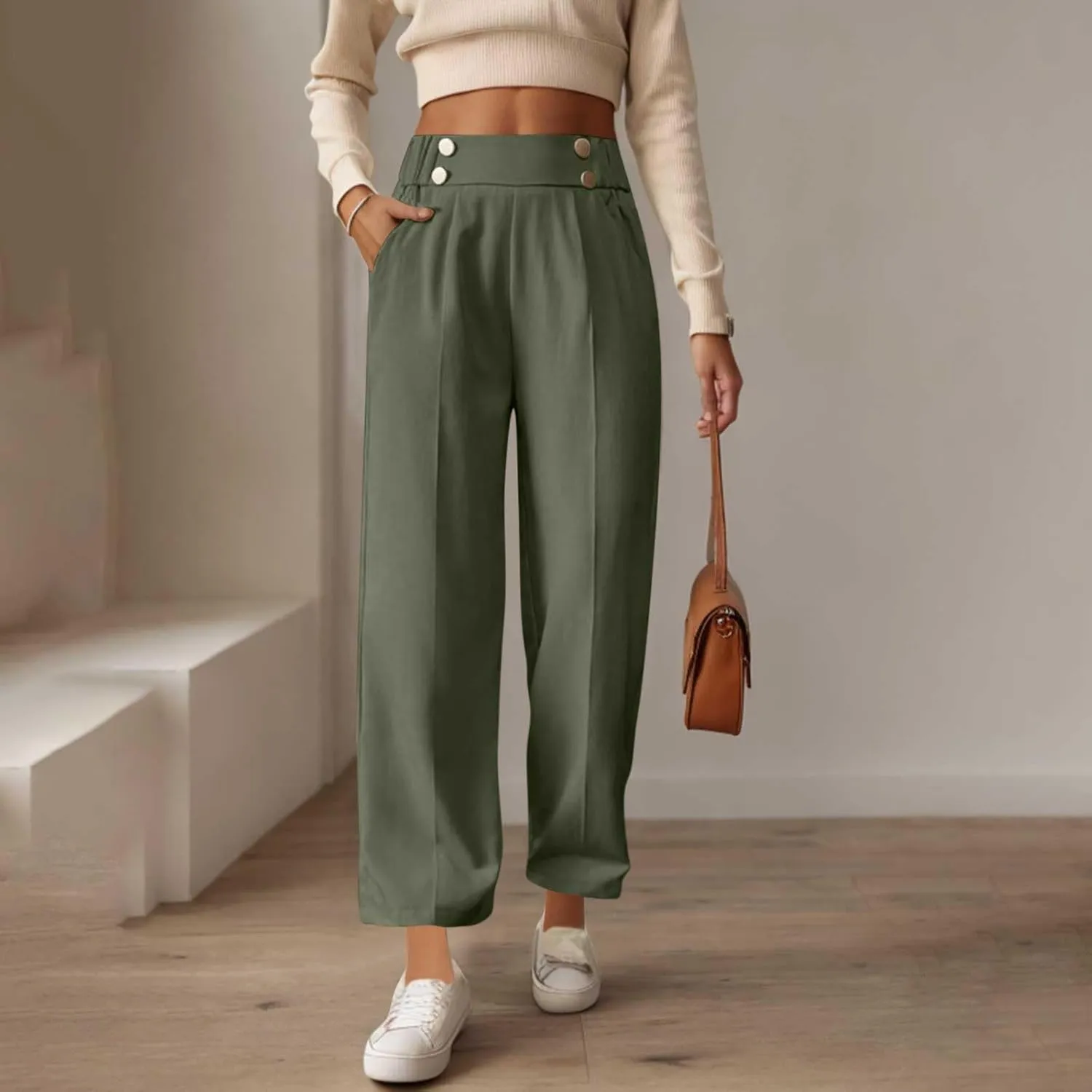 Plus Size Womens Palazzo Pants Wide Leg High Waist Elastic Button Pleated Business Work Lounge Trousers with Pockets
