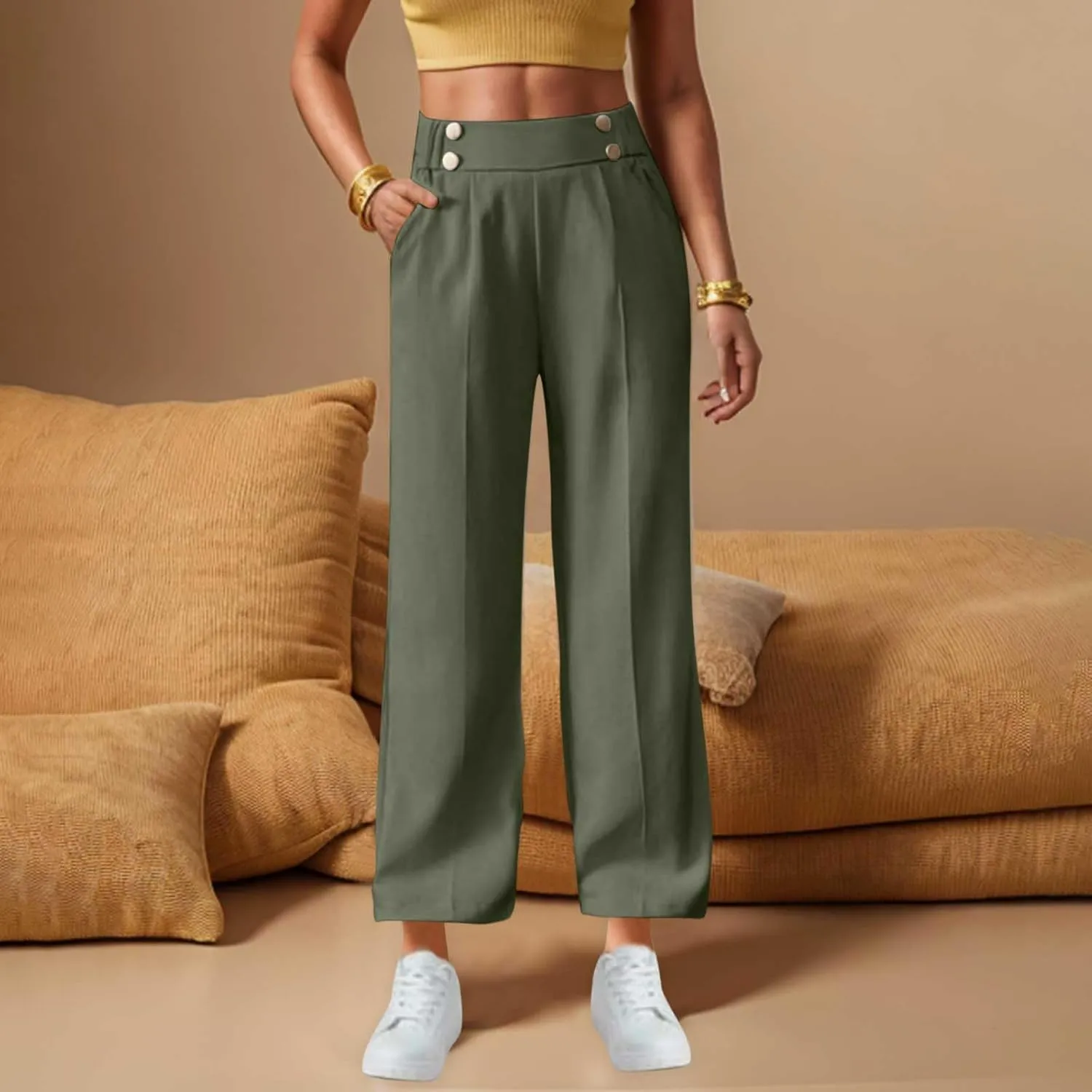 Plus Size Womens Palazzo Pants Wide Leg High Waist Elastic Button Pleated Business Work Lounge Trousers with Pockets