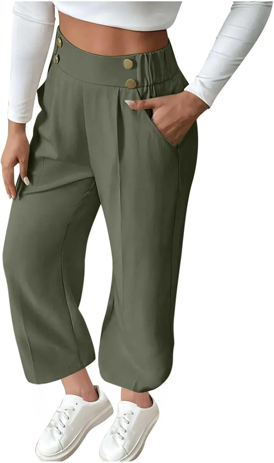 Plus Size Womens Palazzo Pants Wide Leg High Waist Elastic Button Pleated Business Work Lounge Trousers with Pockets