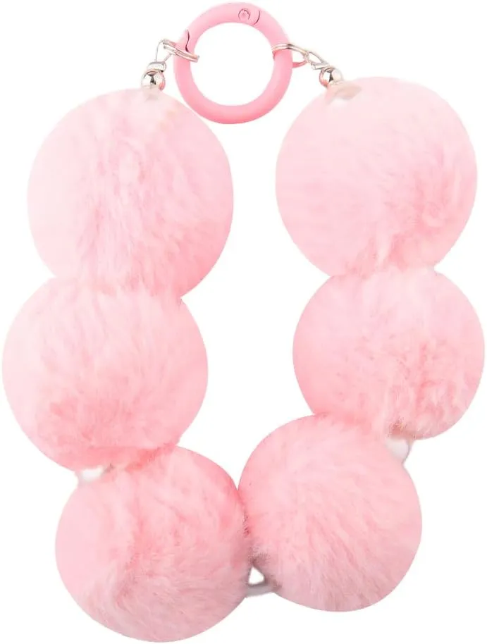 Plush Wristlet Keychain with Pearl Beaded Fluffy Keychain Bracelet for Women Girls Bag Charms for Handbags Purse