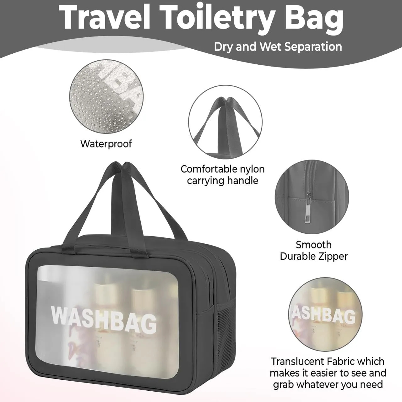 Premium Waterproof Makeup Washbag - Portable Travel Cosmetic Organizer with Multi-Compartment Design for Women - Durable and Stylish Toiletry Bag for Beauty Essentials (Black)