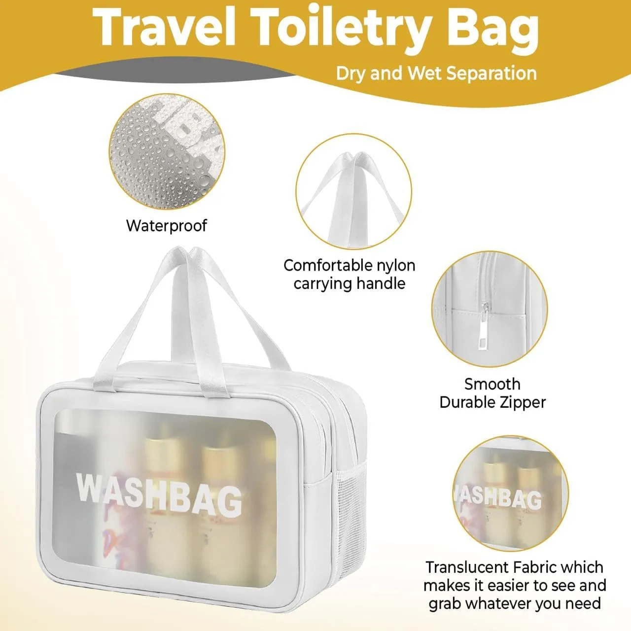 Premium Waterproof Makeup Washbag - Portable Travel Cosmetic Organizer with Multi-Compartment Design for Women - Durable and Stylish Toiletry Bag for Beauty Essentials (White)