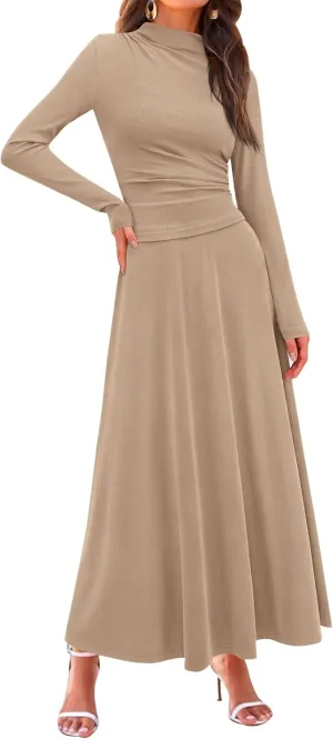PRETTYGARDEN Long Sleeve Two Piece Skirt Sets Women 2 Piece Outfits Casual Ribbed Knit Mock Neck Ruched Top Swing Maxi Skirts