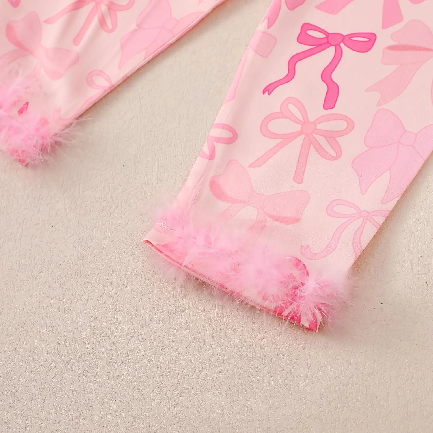 Qiylii Kids Baby Girl Christmas Satin Pajamas Feather Trim Long Pajamas Set 2PC Button-Up Silk Pjs Nightgown Xmas Gift