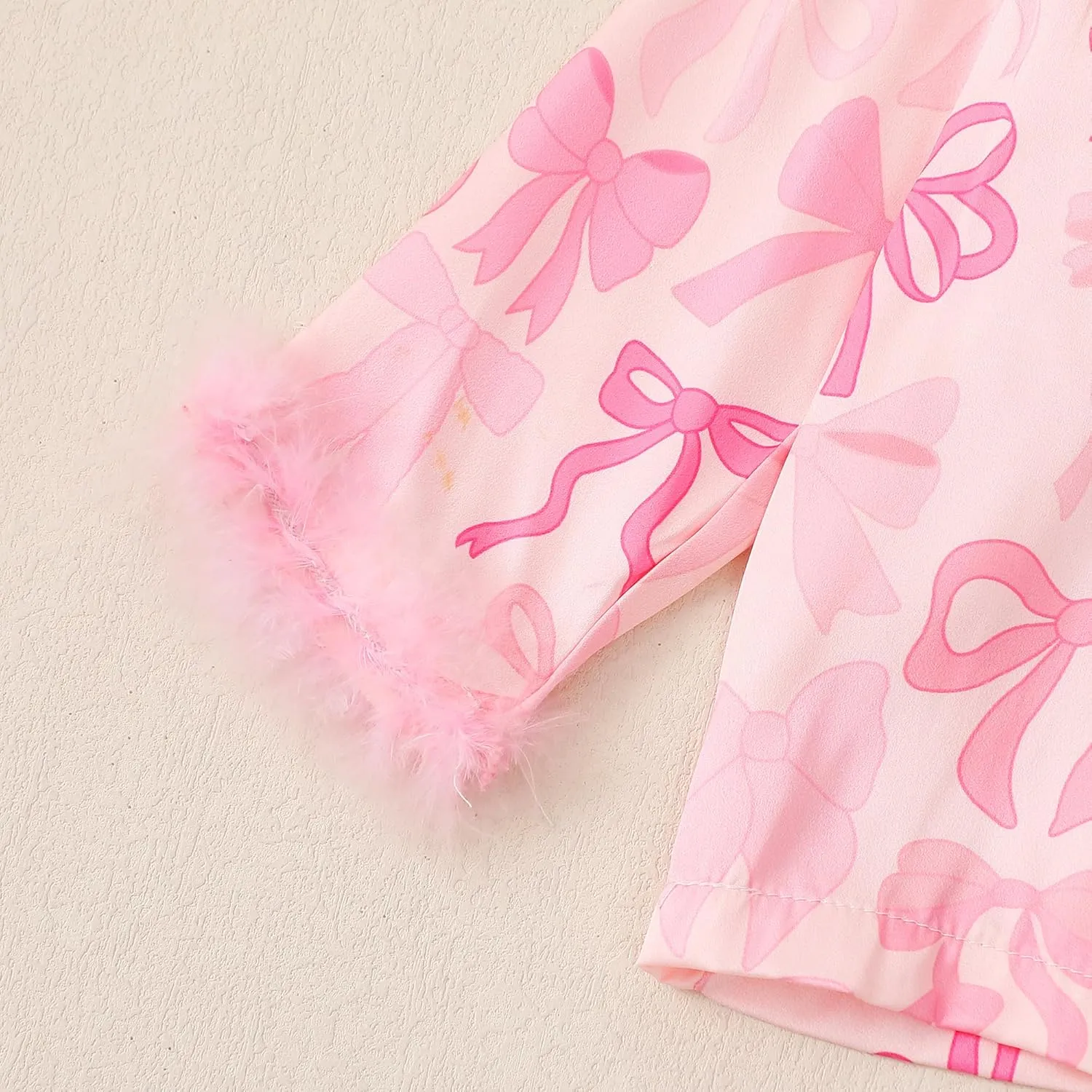 Qiylii Kids Baby Girl Christmas Satin Pajamas Feather Trim Long Pajamas Set 2PC Button-Up Silk Pjs Nightgown Xmas Gift