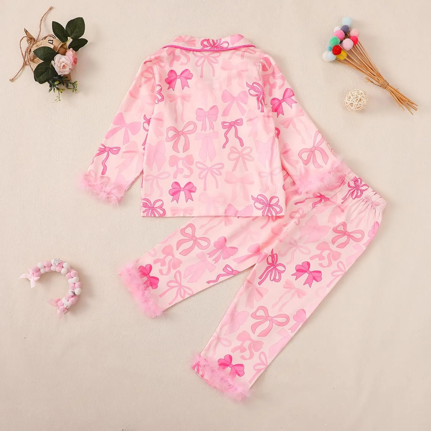 Qiylii Kids Baby Girl Christmas Satin Pajamas Feather Trim Long Pajamas Set 2PC Button-Up Silk Pjs Nightgown Xmas Gift