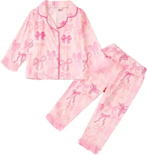 Qiylii Kids Baby Girl Christmas Satin Pajamas Feather Trim Long Pajamas Set 2PC Button-Up Silk Pjs Nightgown Xmas Gift