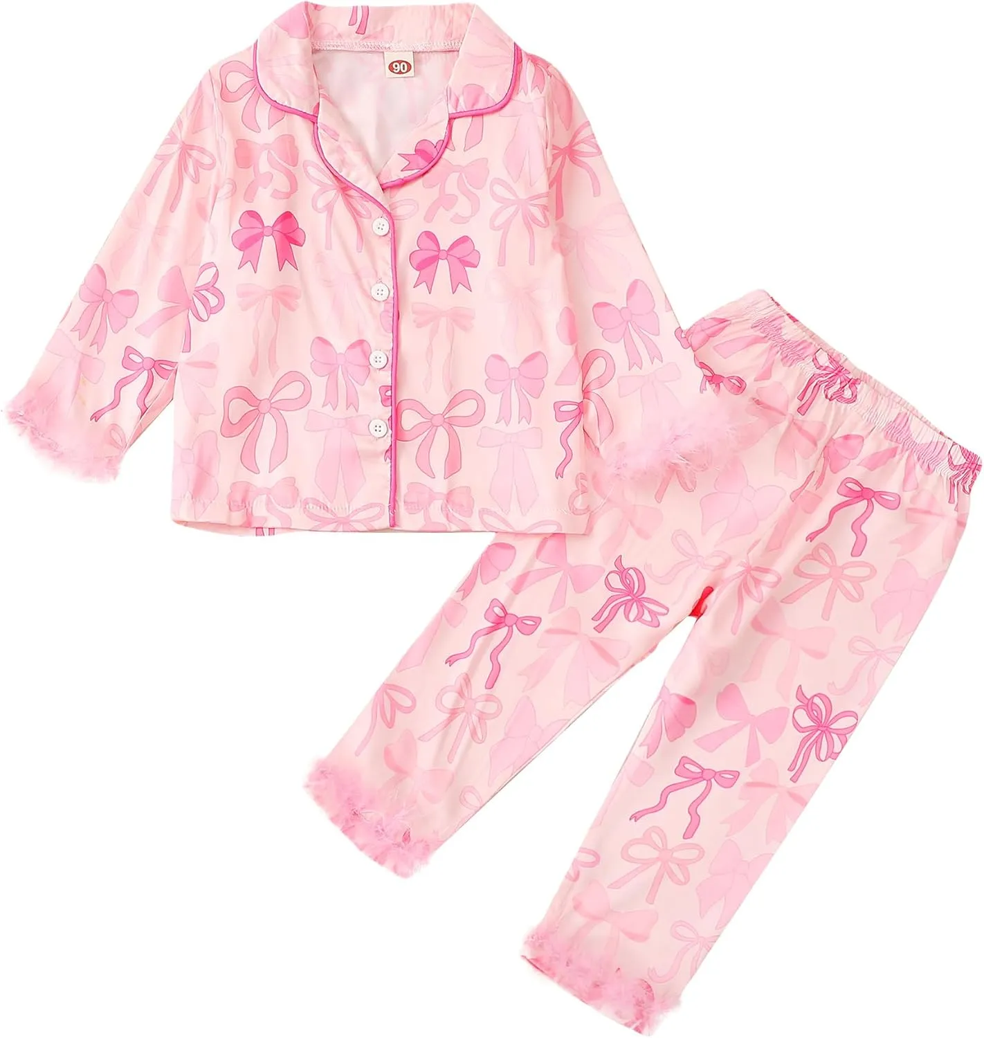 Qiylii Kids Baby Girl Christmas Satin Pajamas Feather Trim Long Pajamas Set 2PC Button-Up Silk Pjs Nightgown Xmas Gift