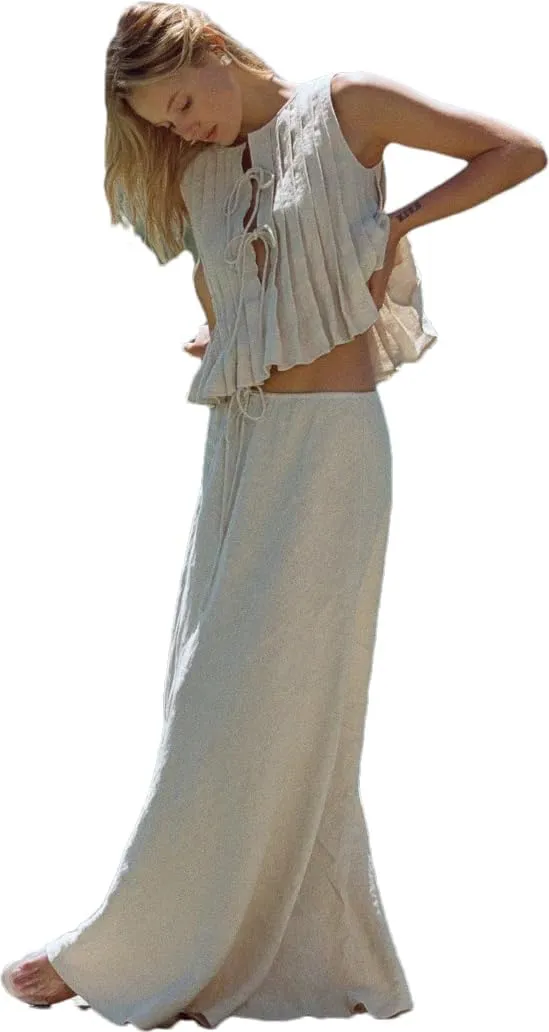 RanRui Womens Two Piece Set  Cotton line Crop Top & Maxi Skirt Outfit Summer Sleeveless Straps Blouse Long Skirt Set