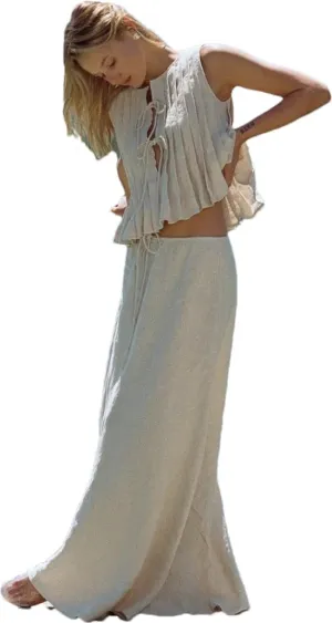 RanRui Womens Two Piece Set  Cotton line Crop Top & Maxi Skirt Outfit Summer Sleeveless Straps Blouse Long Skirt Set