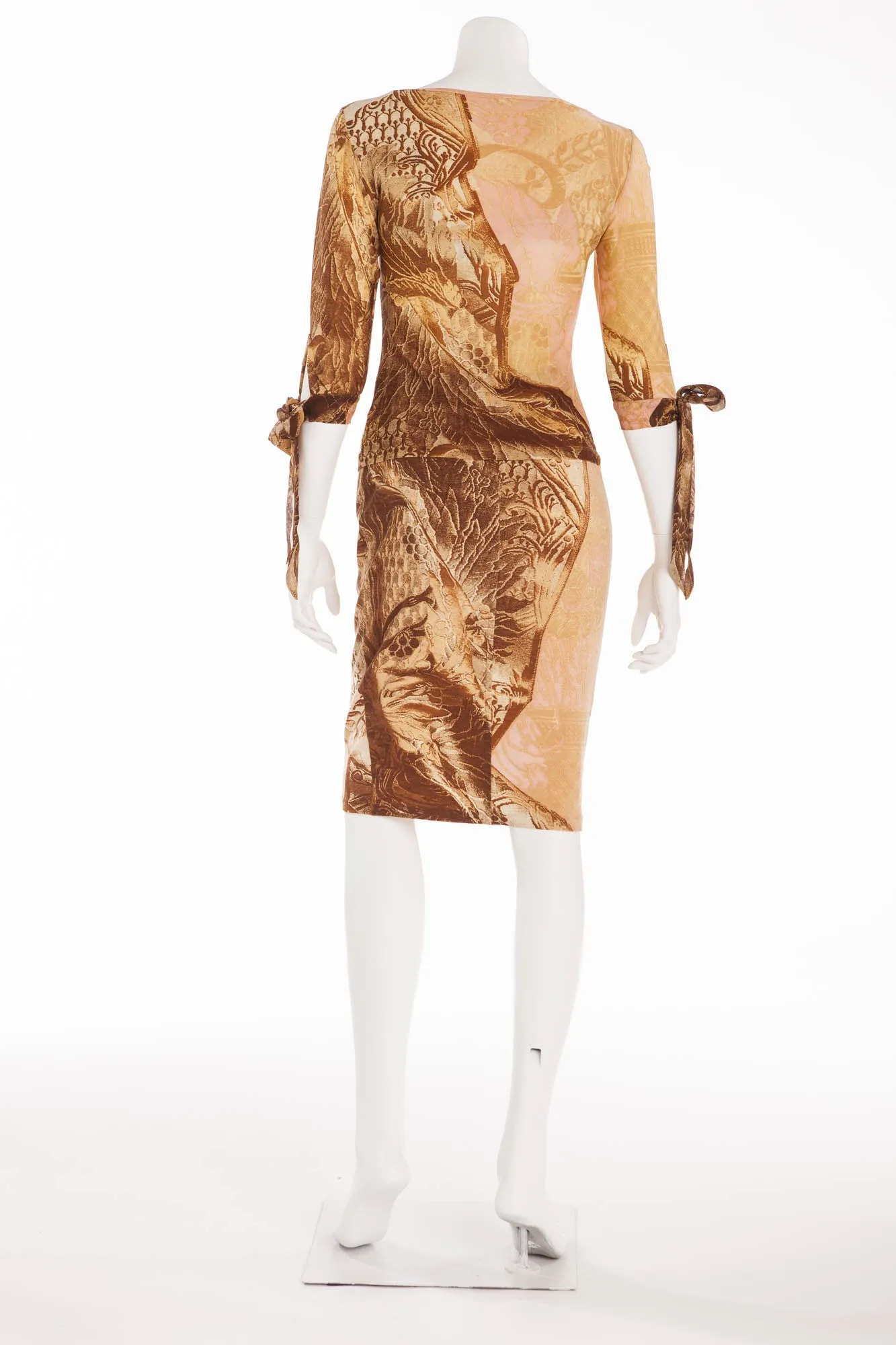 Roberto Cavalli - 2PC 3/4 Sleeve Cream and Brown Print Top & Skirt - S