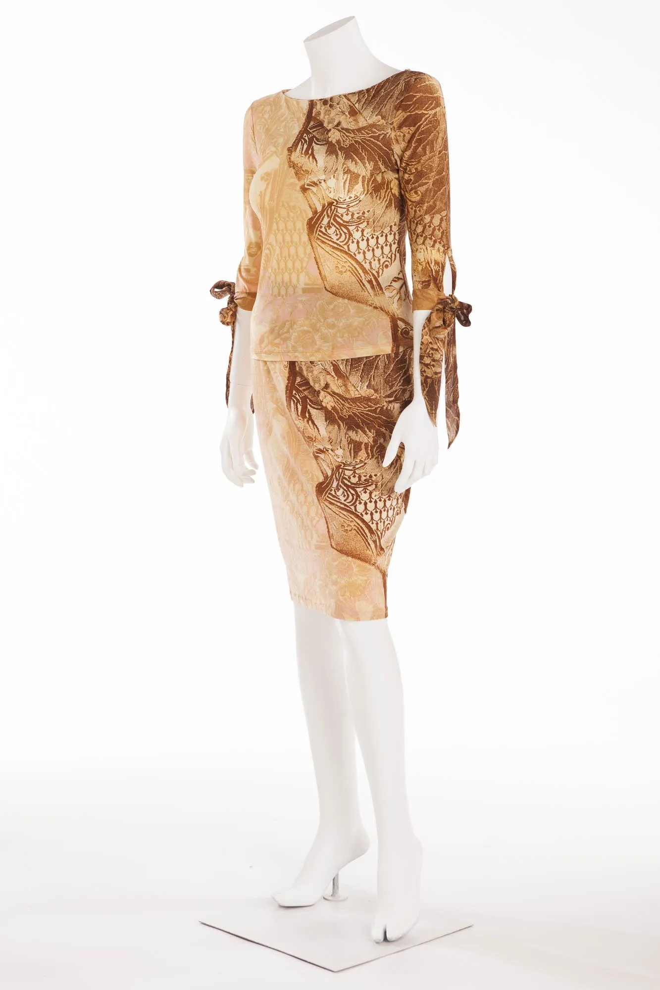 Roberto Cavalli - 2PC 3/4 Sleeve Cream and Brown Print Top & Skirt - S