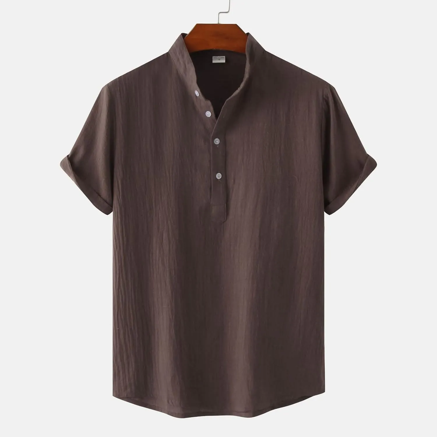RTRDE Men's Linen Shirts Casual Fashion Solid Color Cotton Top Stand Collar Short Sleeve Shirt Tshirts Shirts