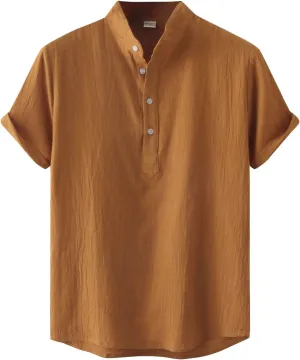 RTRDE Men's Linen Shirts Casual Fashion Solid Color Cotton Top Stand Collar Short Sleeve Shirt Tshirts Shirts