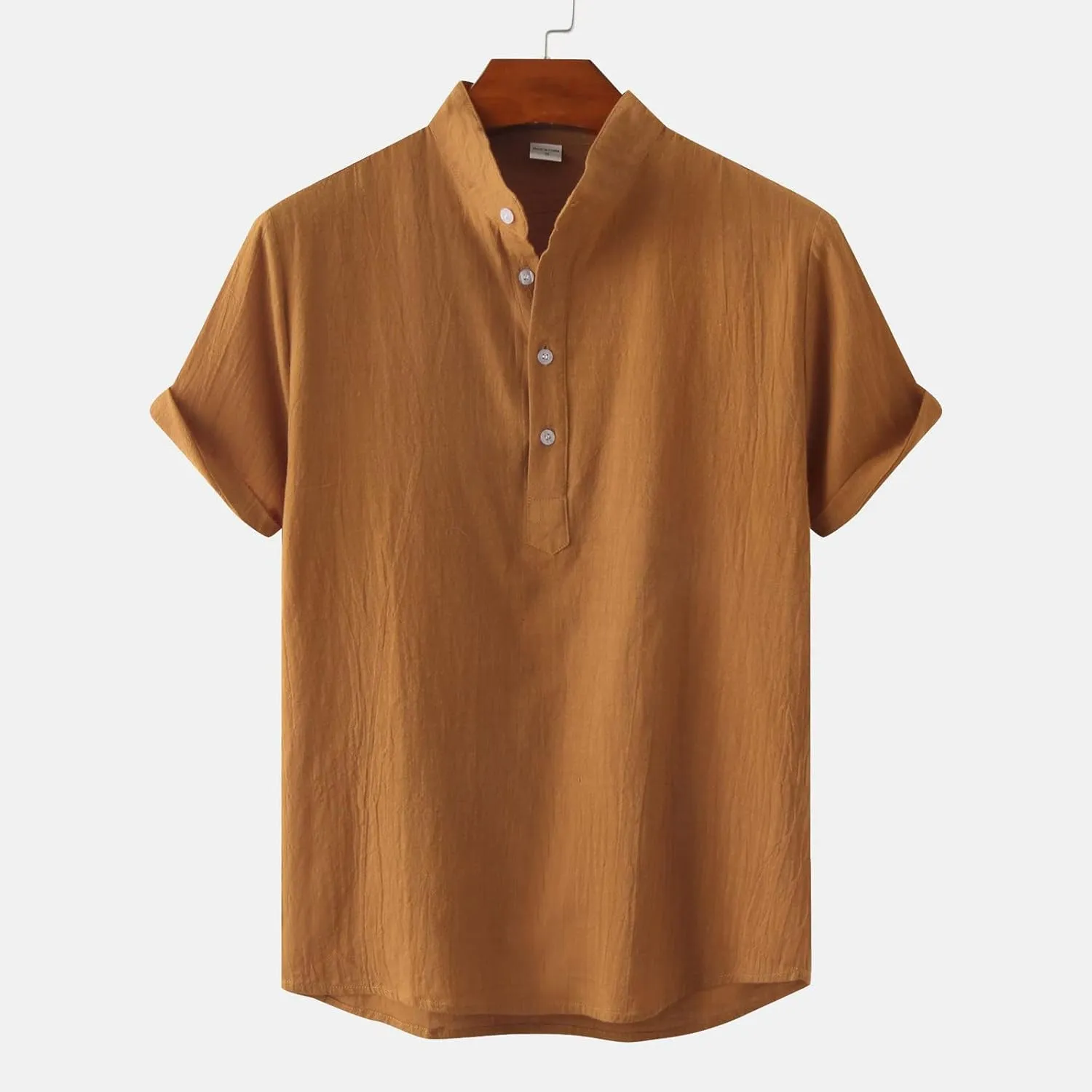 RTRDE Men's Linen Shirts Casual Fashion Solid Color Cotton Top Stand Collar Short Sleeve Shirt Tshirts Shirts
