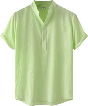 RTRDE Men's Linen Shirts Casual Fashion Solid Color Cotton Top Stand Collar Short Sleeve Shirt Tshirts Shirts