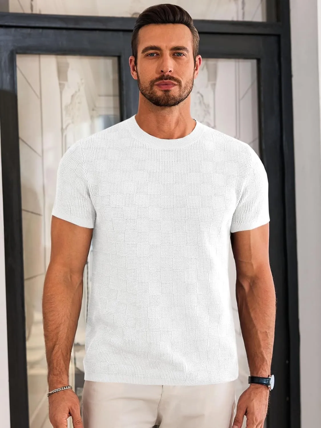 Runcati Mens Knit Short Sleeve T-Shirts Casual Crewneck Cotton Stretch Pullover Tees Summer Textured Tops