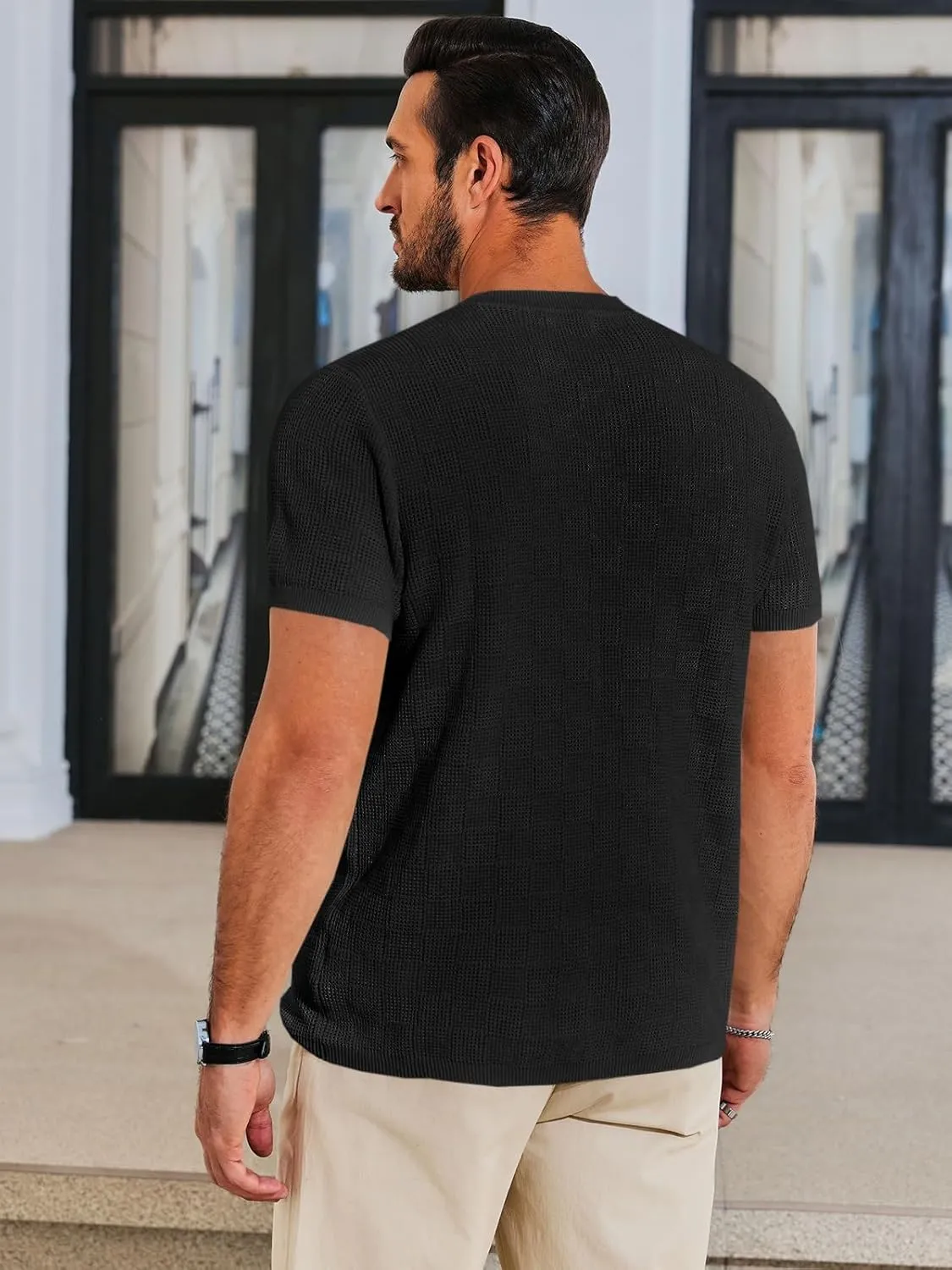 Runcati Mens Knit Short Sleeve T-Shirts Casual Crewneck Cotton Stretch Pullover Tees Summer Textured Tops