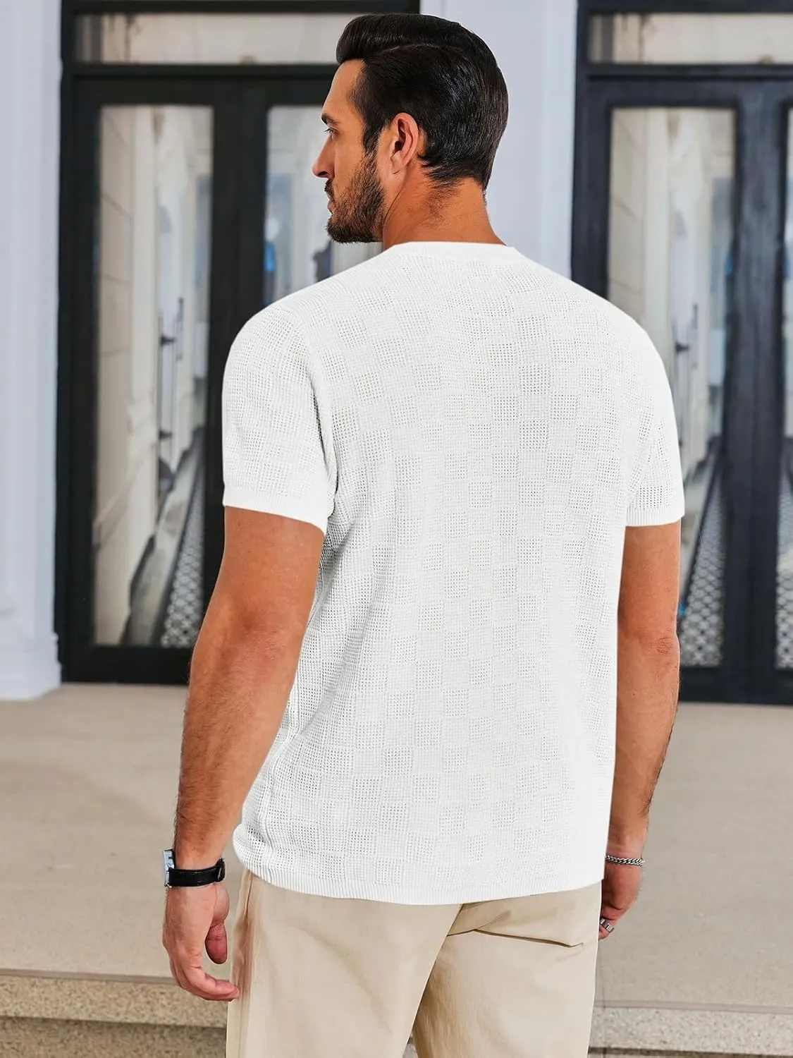 Runcati Mens Knit Short Sleeve T-Shirts Casual Crewneck Cotton Stretch Pullover Tees Summer Textured Tops