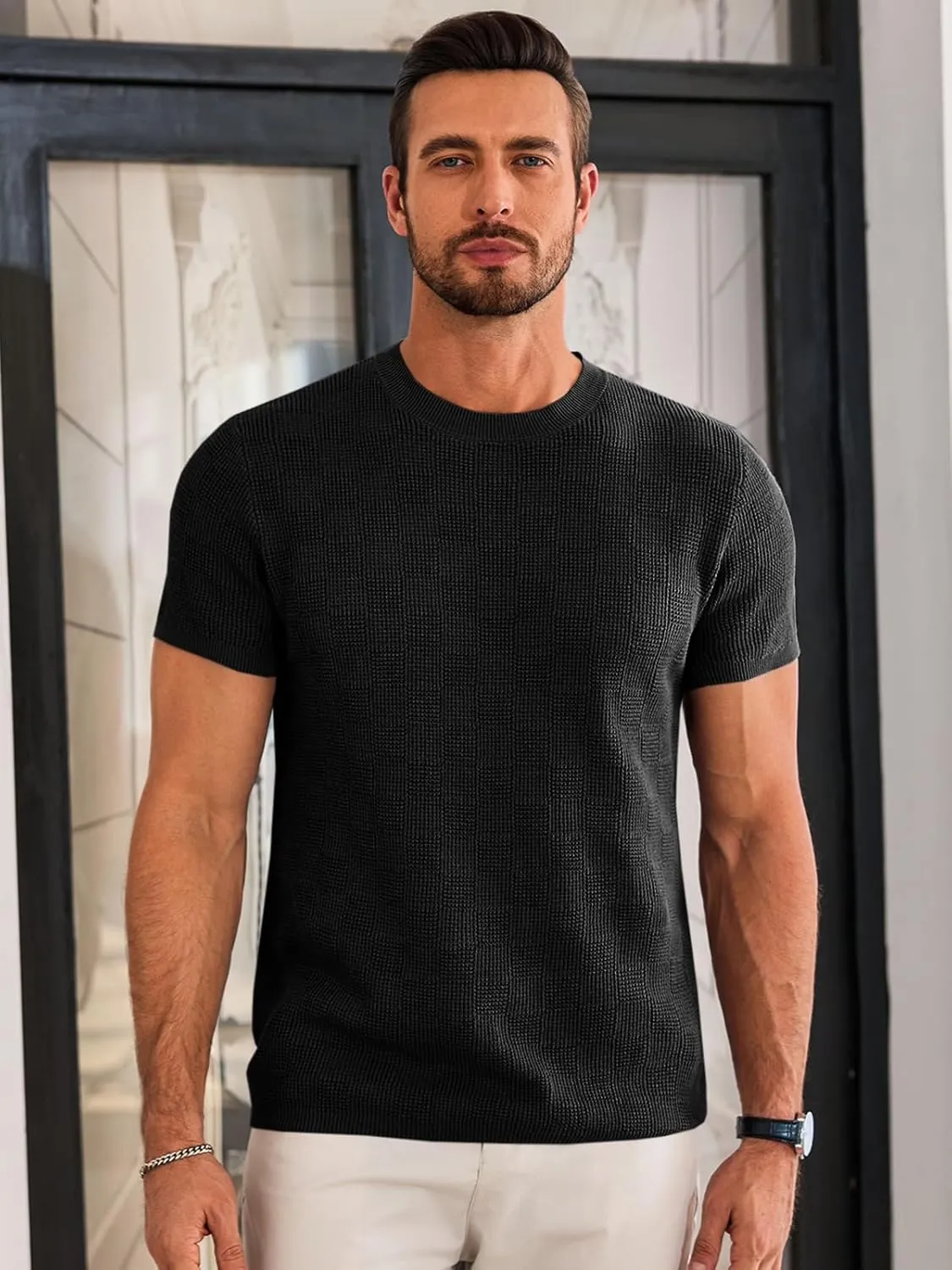 Runcati Mens Knit Short Sleeve T-Shirts Casual Crewneck Cotton Stretch Pullover Tees Summer Textured Tops