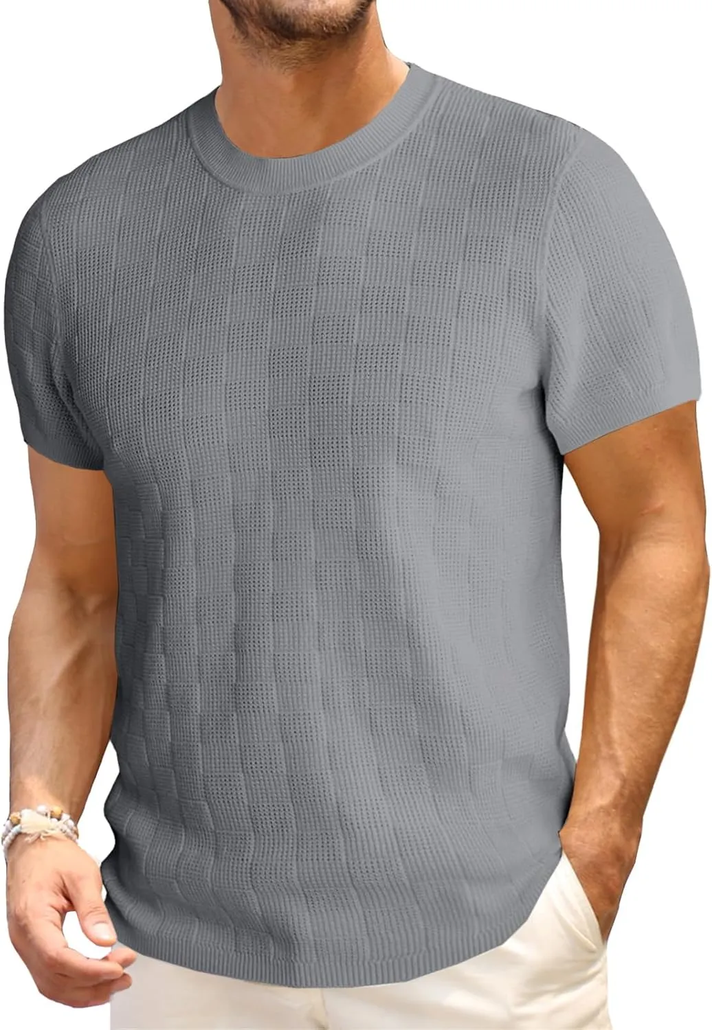 Runcati Mens Knit Short Sleeve T-Shirts Casual Crewneck Cotton Stretch Pullover Tees Summer Textured Tops
