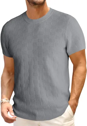 Runcati Mens Knit Short Sleeve T-Shirts Casual Crewneck Cotton Stretch Pullover Tees Summer Textured Tops
