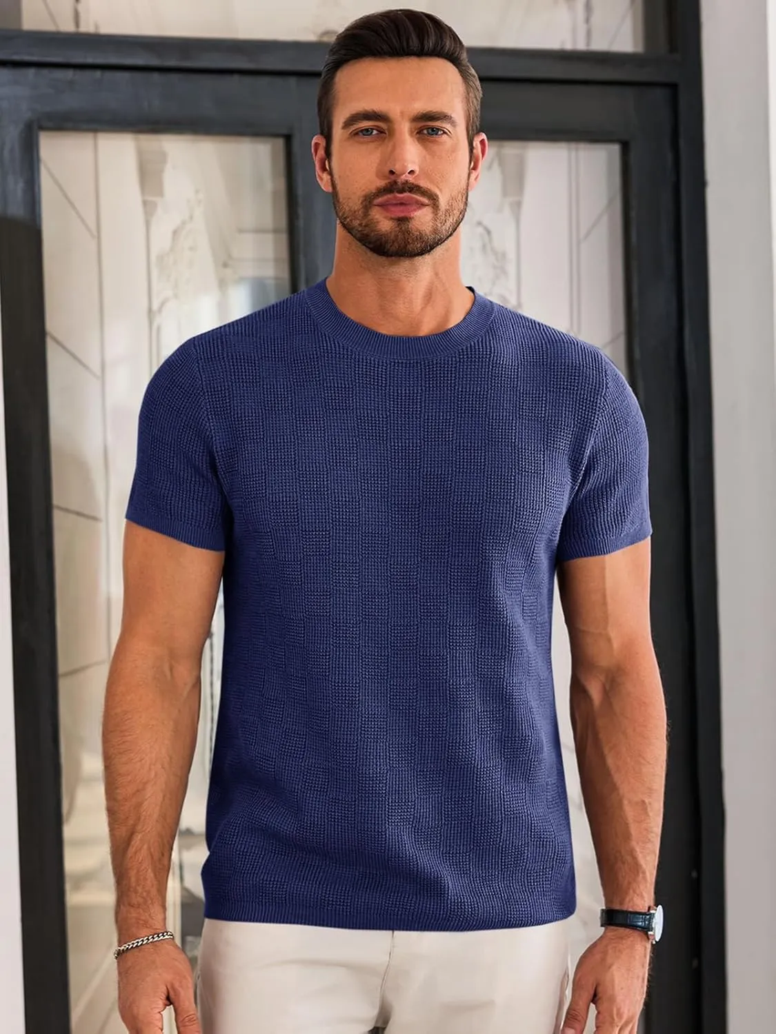 Runcati Mens Knit Short Sleeve T-Shirts Casual Crewneck Cotton Stretch Pullover Tees Summer Textured Tops