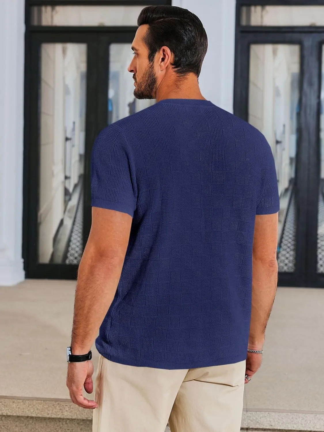 Runcati Mens Knit Short Sleeve T-Shirts Casual Crewneck Cotton Stretch Pullover Tees Summer Textured Tops
