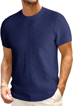 Runcati Mens Knit Short Sleeve T-Shirts Casual Crewneck Cotton Stretch Pullover Tees Summer Textured Tops