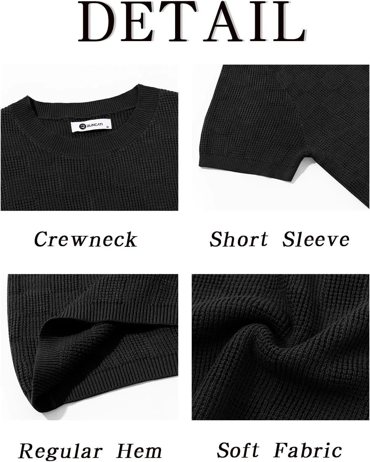 Runcati Mens Knit Short Sleeve T-Shirts Casual Crewneck Cotton Stretch Pullover Tees Summer Textured Tops