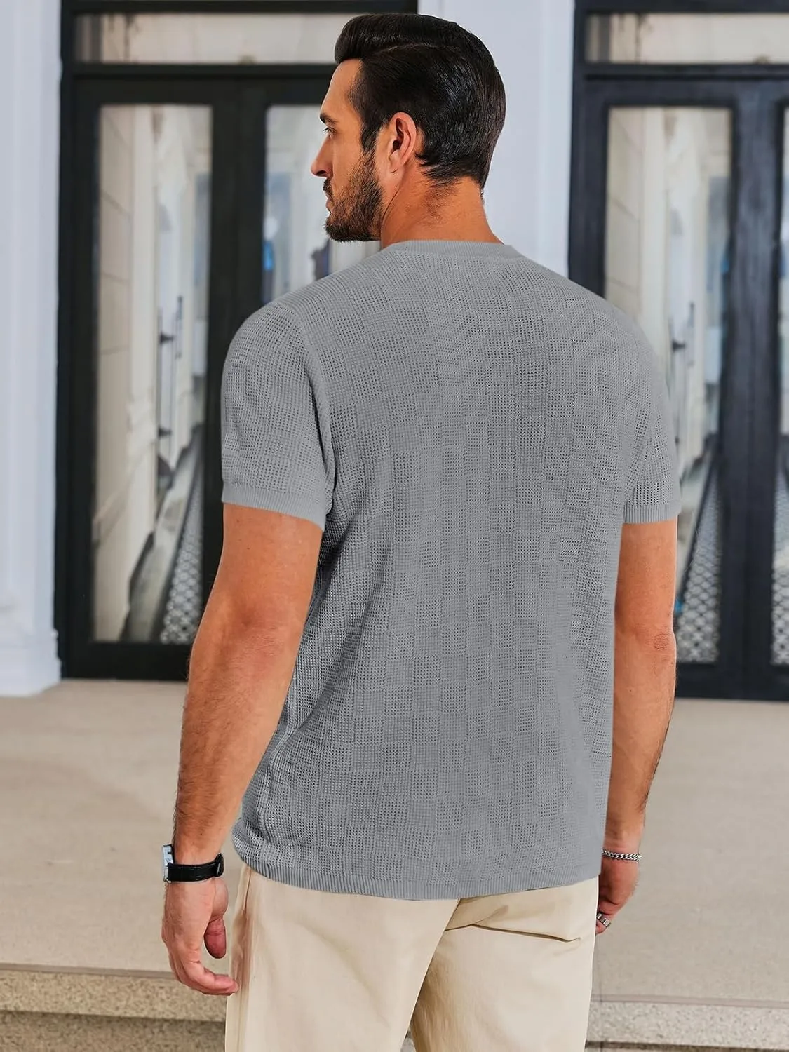 Runcati Mens Knit Short Sleeve T-Shirts Casual Crewneck Cotton Stretch Pullover Tees Summer Textured Tops