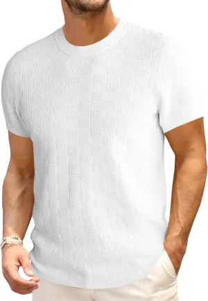 Runcati Mens Knit Short Sleeve T-Shirts Casual Crewneck Cotton Stretch Pullover Tees Summer Textured Tops